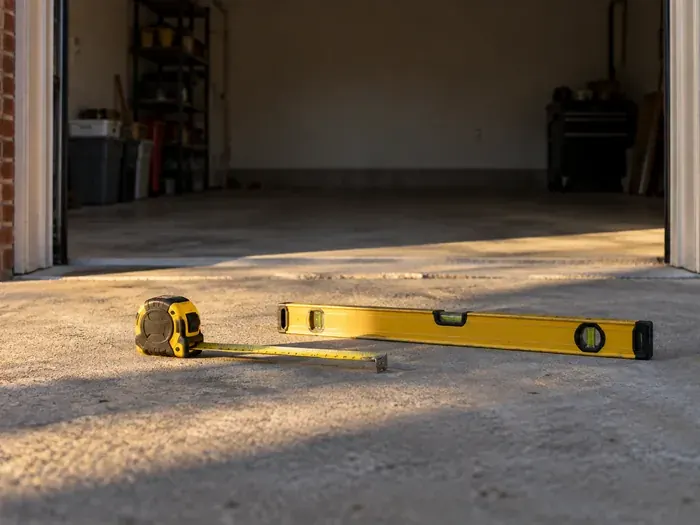 A garage door raised halfway on new tracks with the opener rail overhead, tools on the floor, no people