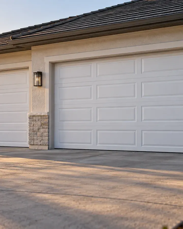 Two new white garage doors on a three car garage